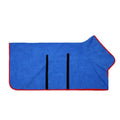 Wuffora CozyDry Dog Robe, blue with red trim, laid flat