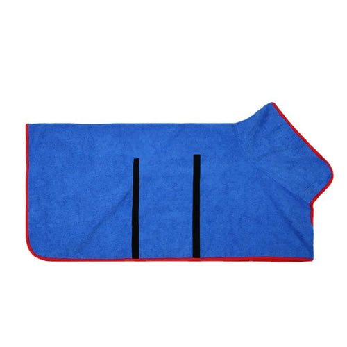 Wuffora CozyDry Dog Robe, blue with red trim, laid flat