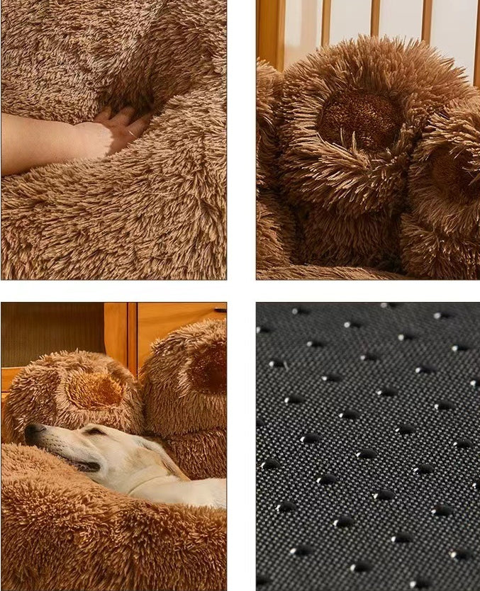 Calming Bear-Paw Plush Dog Bed — Deep-Sleep Round Cushion