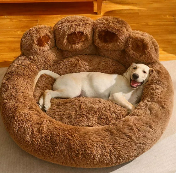 Calming Bear-Paw Plush Dog Bed — Deep-Sleep Round Cushion