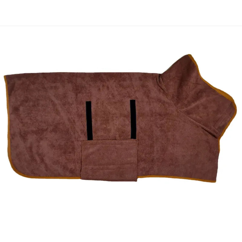 Wuffora CozyDry Dog Robe, coffee brown with gold trim, laid flat