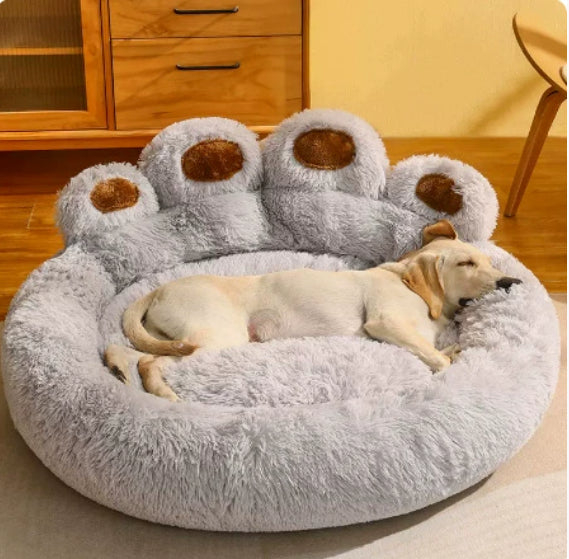 Calming Bear-Paw Plush Dog Bed — Deep-Sleep Round Cushion