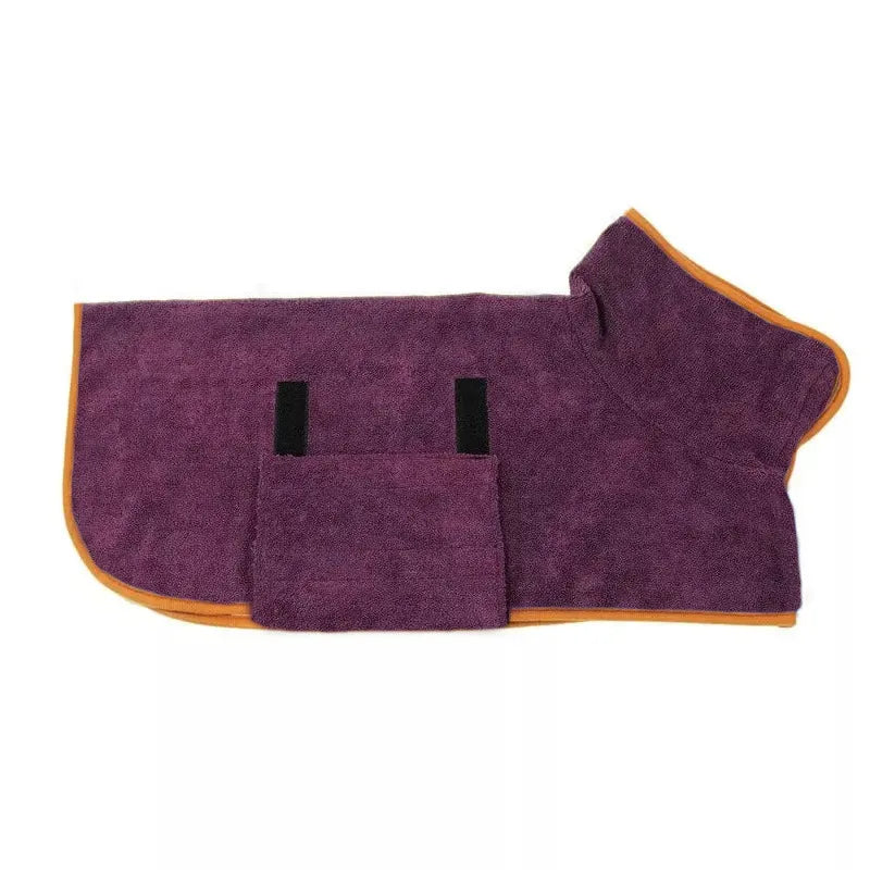 Wuffora CozyDry Dog Robe, purple with orange trim, laid flat