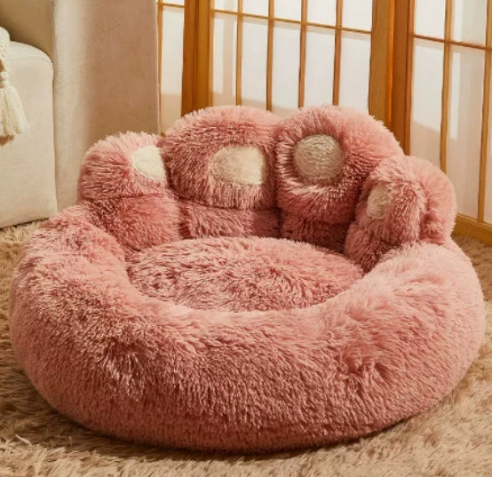 Calming Bear-Paw Plush Dog Bed — Deep-Sleep Round Cushion